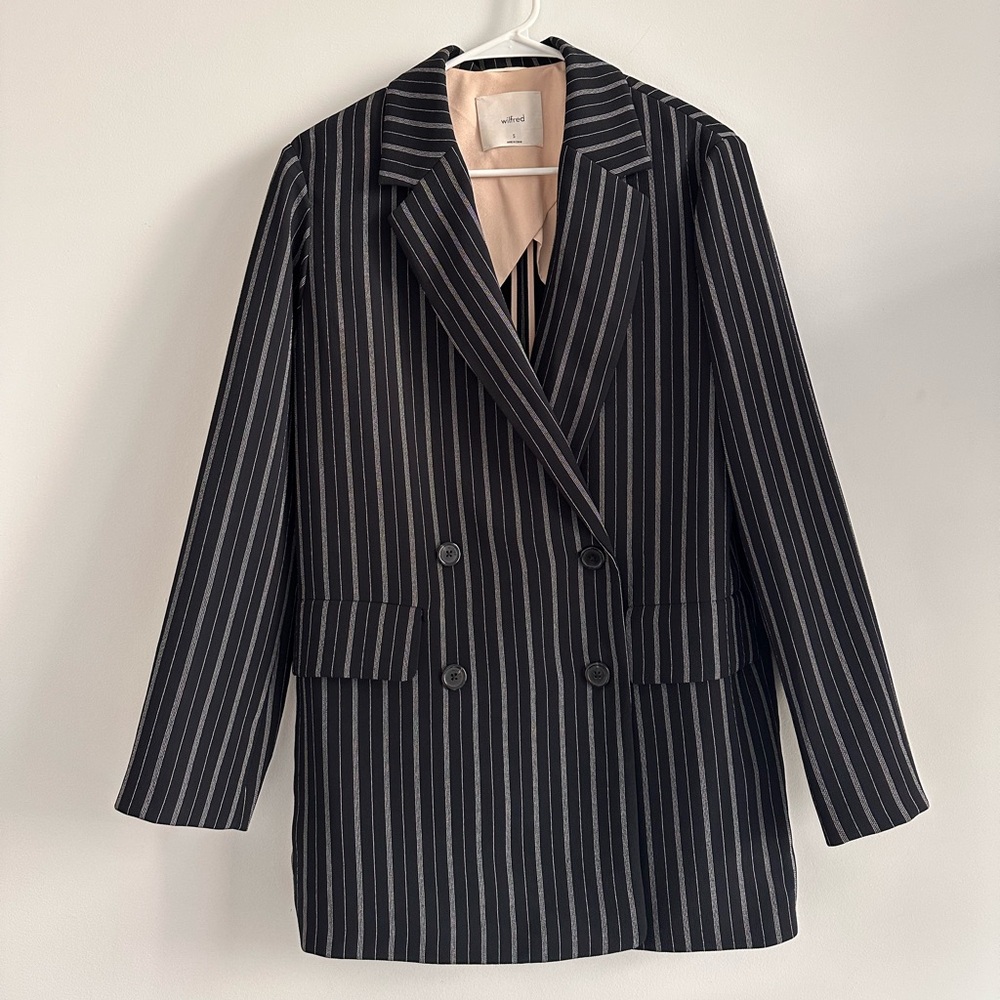 Aritzia Double-Breasted Navy Pinstripe Blazer